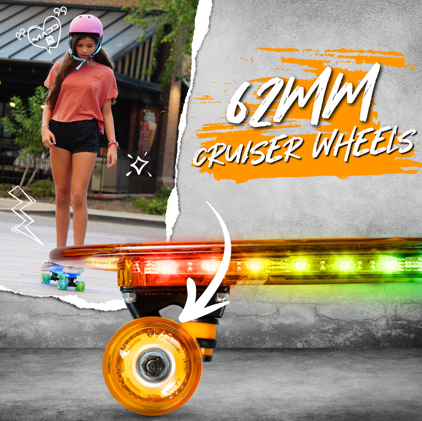 Madd Gear Kids Skateboard Penny Australia Deck Complete Skateboard Flashing LED Lights Wheels Orange Teal