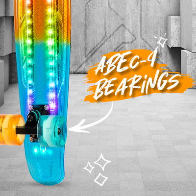 Madd Gear Kids Retro Skateboard LED Lights Flashing Bright Fast Small Children Complete Orange Teal Bearings