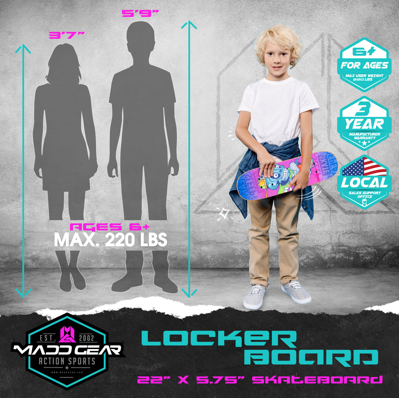 Madd Gear Complete Locker Skateboard Maple Ply Trucks Kids Pink Teal Blue Lightweight Skeleton Skater