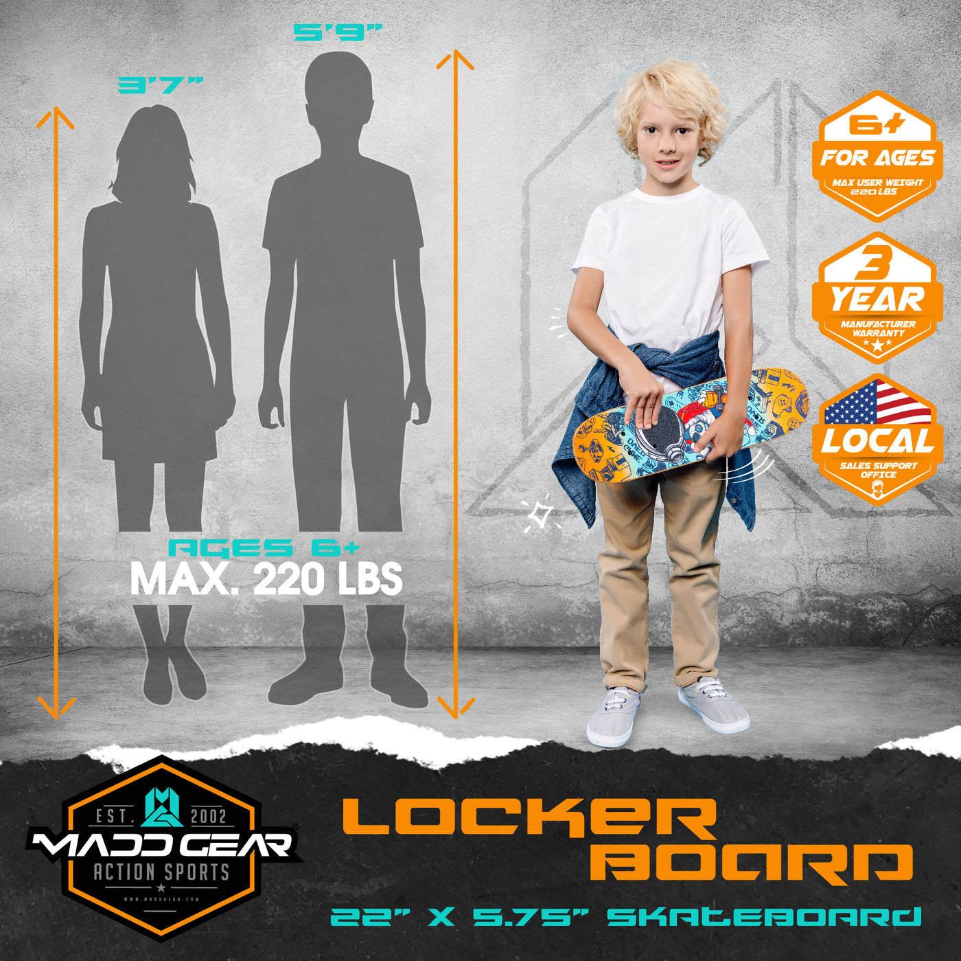 Madd Gear Complete Locker Skateboard Maple Ply Trucks Kids Teal Orange Lightweight Astronaut Gamer