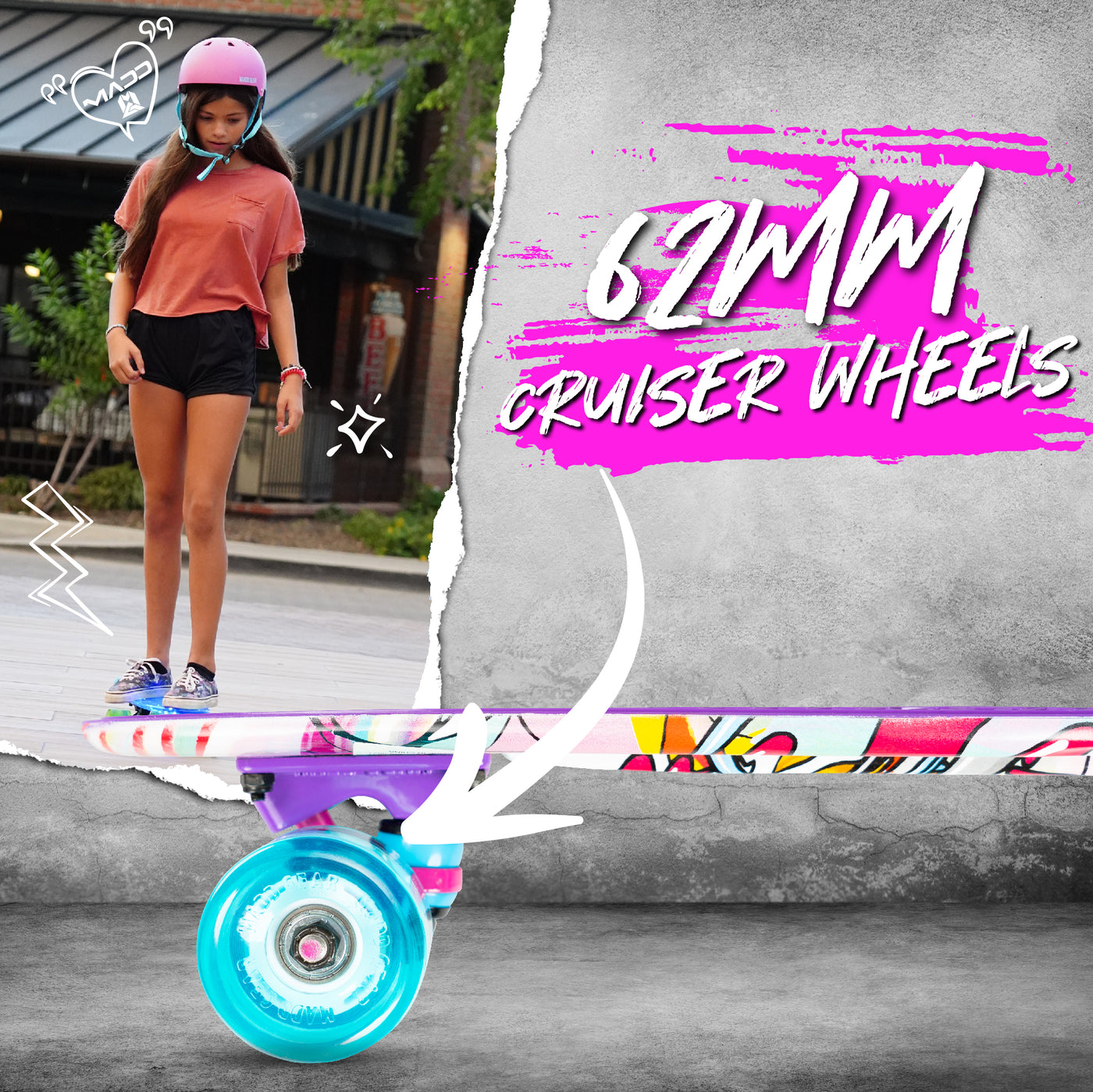 Madd Gear Penny Board Plastic Skateboard Retro Purple Girls Boys Skate Smooth Rolling Wheels