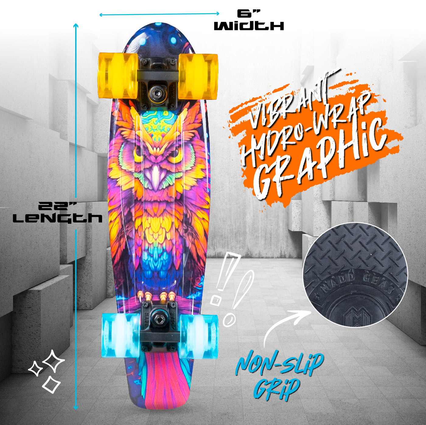 Madd Gear Retro Complete Penny Board Skateboard Plastic Hydro-Wrap Graphic Boys Girls Blue Yellow Pink Owl Multicolor