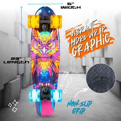 Madd Gear Retro Complete Penny Board Skateboard Plastic Hydro-Wrap Graphic Boys Girls Blue Yellow Pink Owl Multicolor