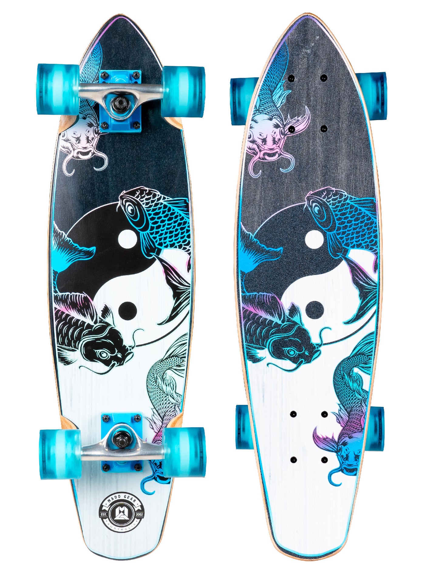 Madd Gear 28" Board Cruiser Complete Skateboard Longboard High Quality Maple Ply Skate Park Kids Childrens Adults Teens Boys Girls Cool Graphics Black White Blue Koi Fish Yin Yang