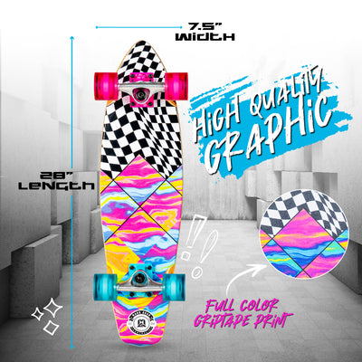 Madd Gear Madgear Skateboard Longboard Cruiser 28" Board Complete Boys Girls Skate Park Maple Deck High Quality Full Color Griptape Print Black Teal Pink White Multicolor Checker