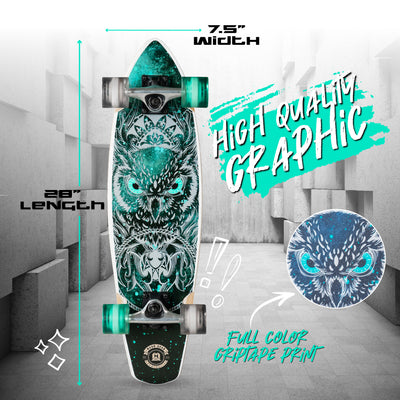 Madd Gear Madgear Skateboard Longboard Cruiser 28" Board Complete Boys Girls Skate Park Maple Deck High Quality Full Color Griptape Print Black Teal Owl