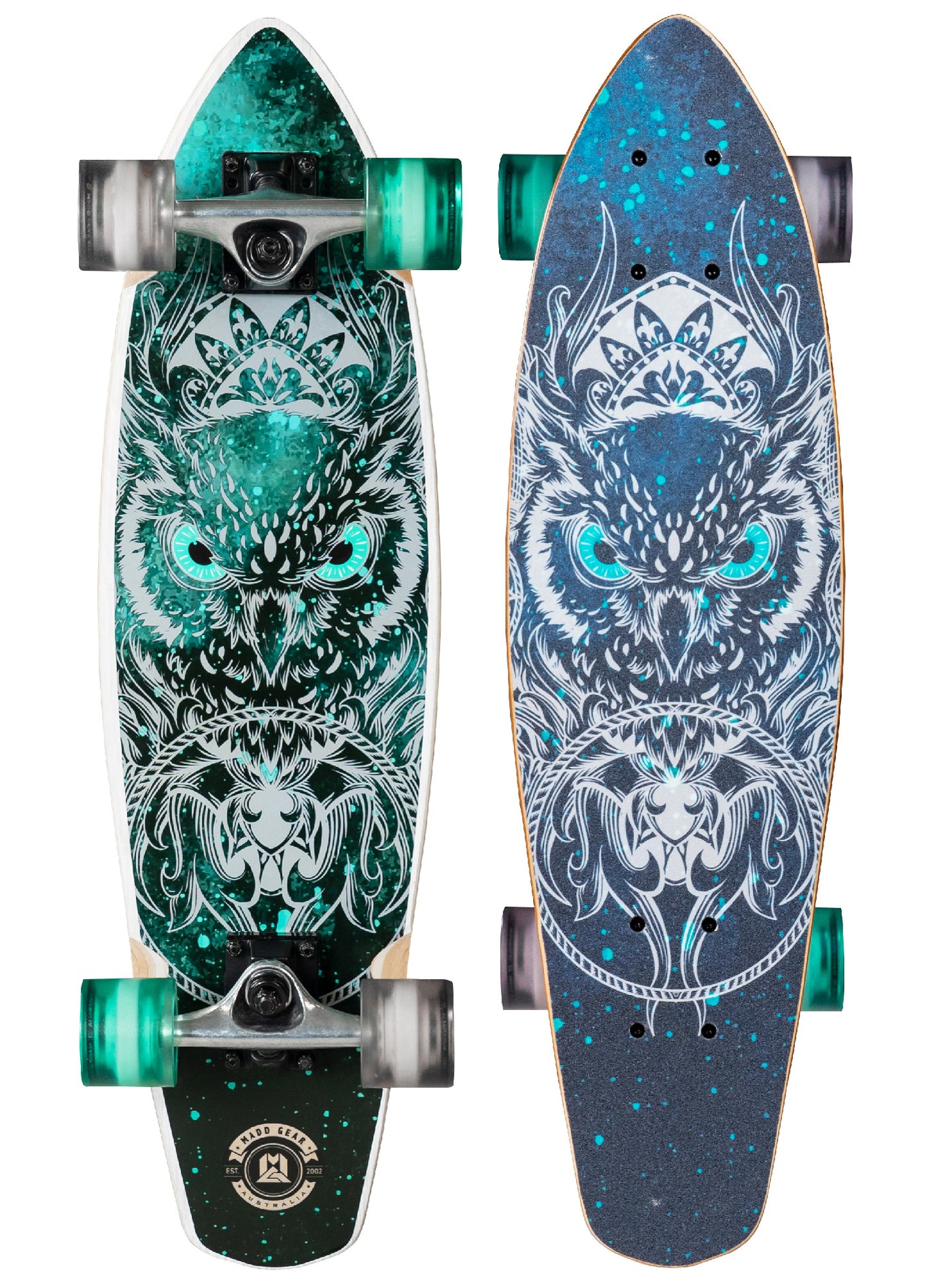 Madd Gear 28" Board Cruiser Complete Skateboard Longboard High Quality Maple Ply Skate Park Kids Childrens Adults Teens Boys Girls Cool Graphics Black Teal Owl