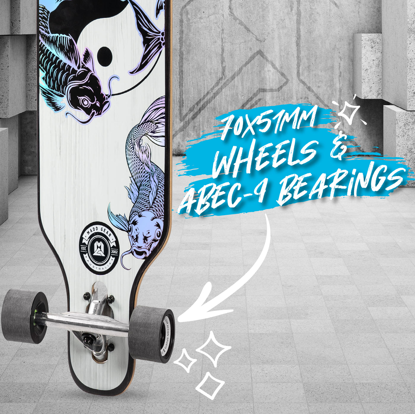 MGP Madd Gear Longboard Drop Through Dropthrough Skateboard Yin Yang Koi Fish Smooth Rolling Wheels Bearings