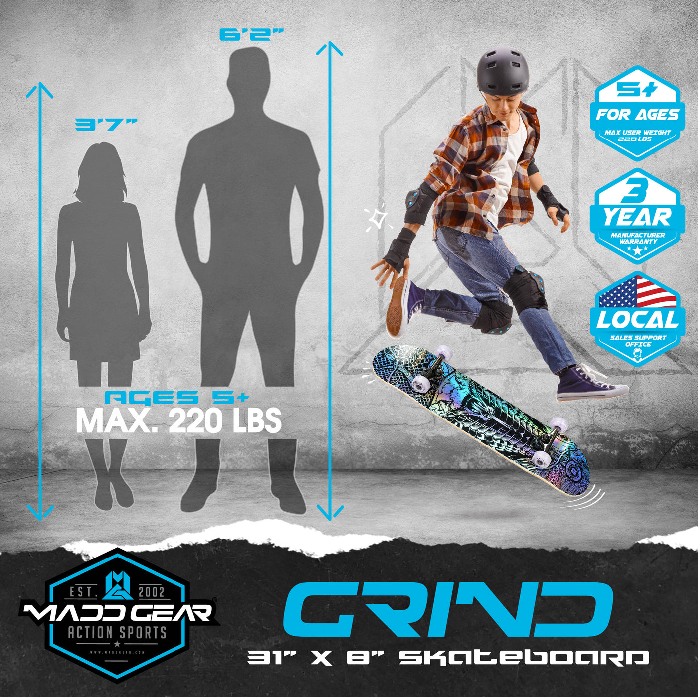 Madd Gear MGP Grind Popsicle Complete Kicktail Skateboard Holographic Snake Boys Girls