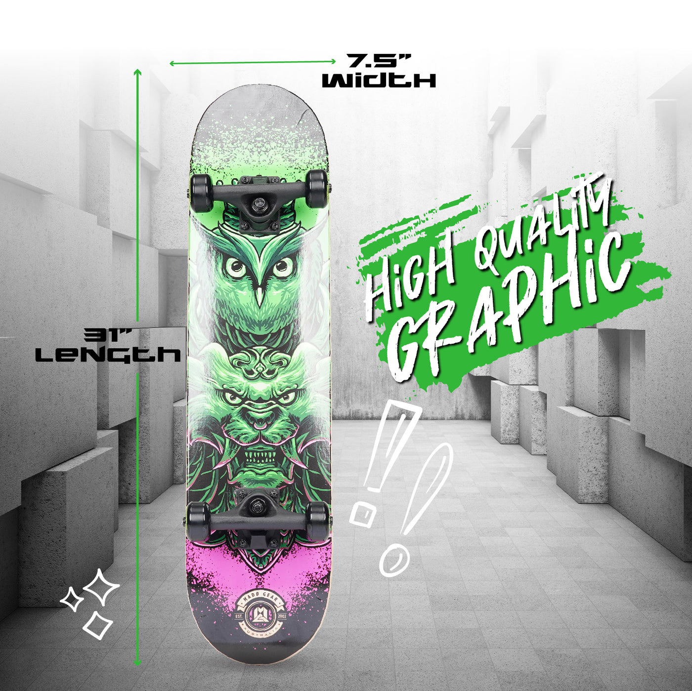 Madd Gear MGP 31" Kickflip Maple Popsicle Skateboard Green Pink High Quality Graphic