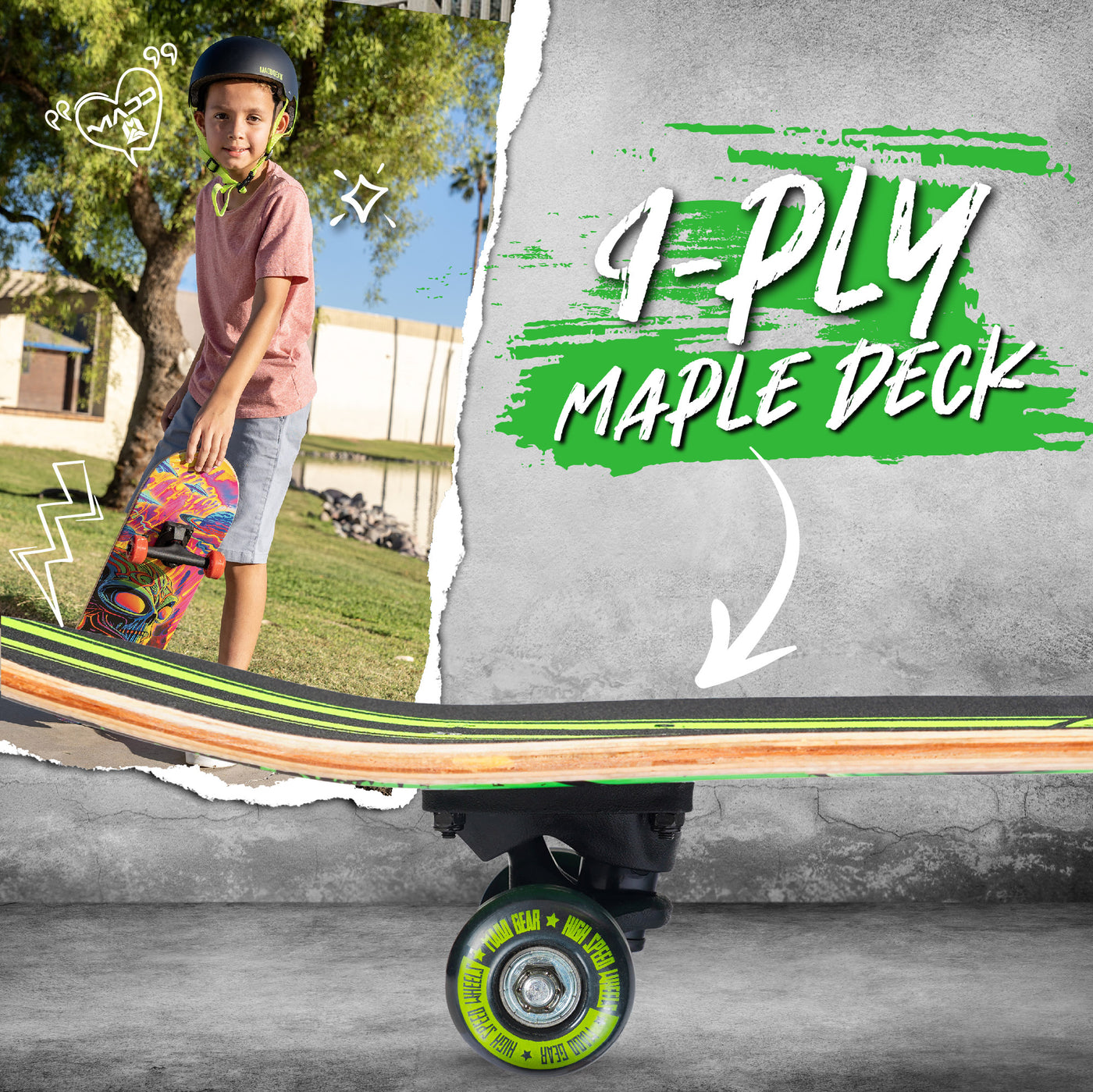 Madd Gear Kickflip Maple Popsicle 31" Skateboard Green Pink Boys Girls Maple Deck