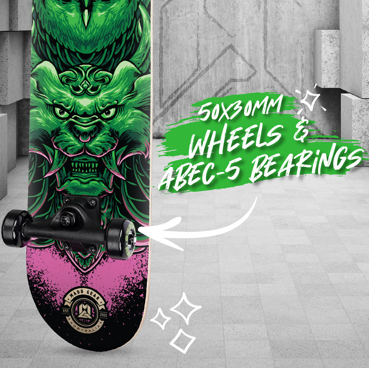 Madd Gear Skateboard Maple Popsicle 31" Pink Green Ply Aluminum Trucks High Quality Pink and Green Lightweight Beginners Smooth Rolling Wheels Bearings