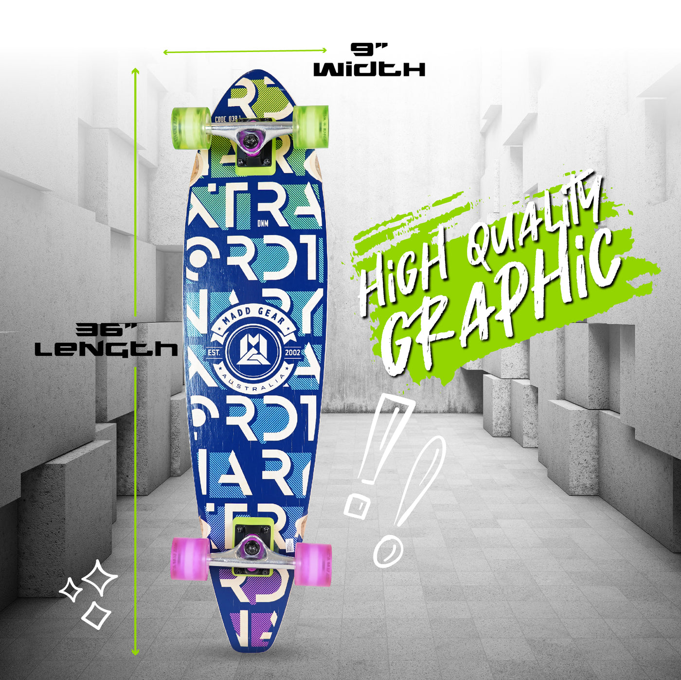 Madd Gear MGP 36" Longboard Complete Skateboard Kids Adults Boys Girls High Quality Graphic Blue