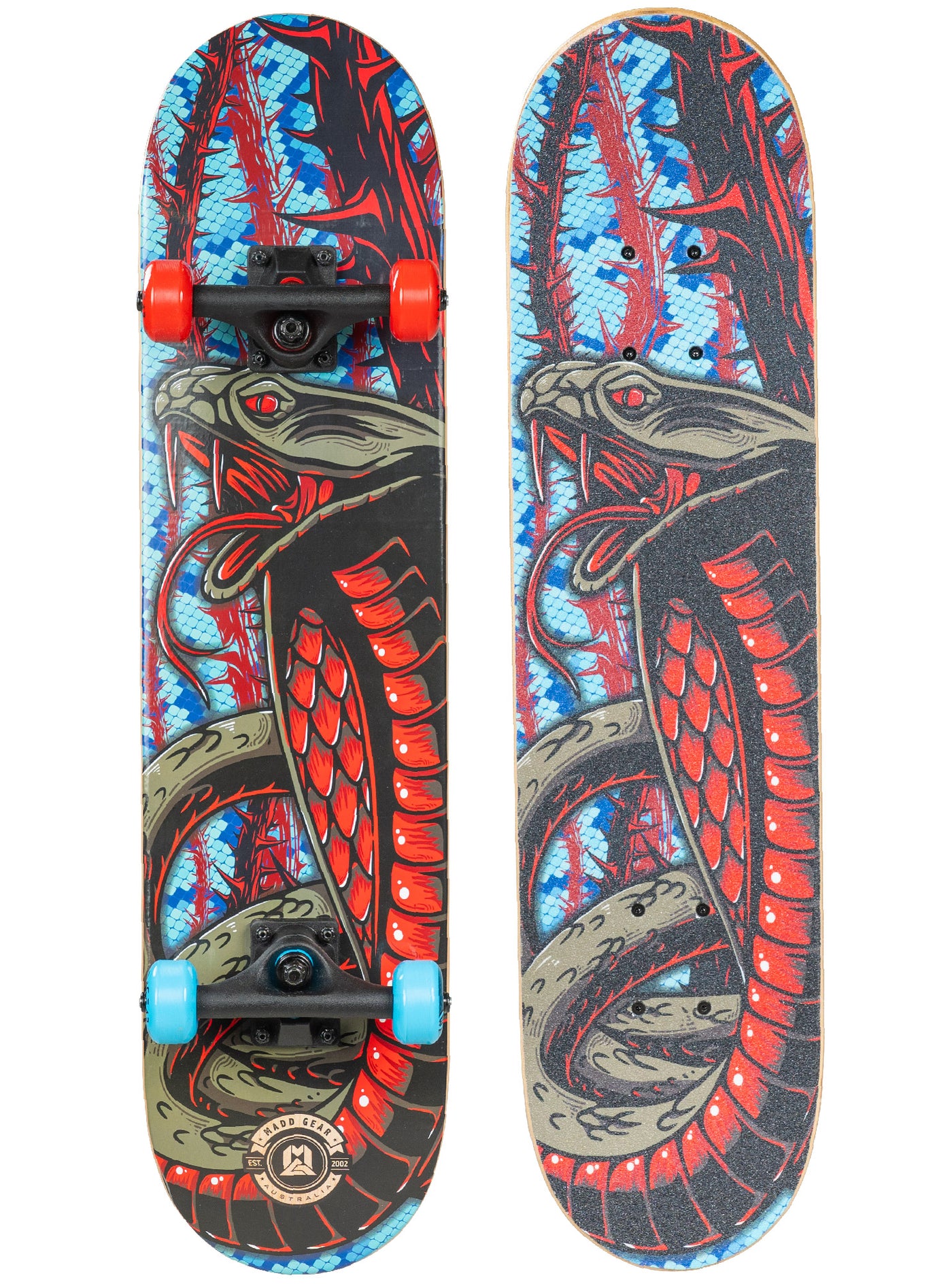 Madd Gear 31" Board Skateboard Popsicle Complete High Quality Maple Ply Kids Childrens Trick Skate Park Cool Graphics Blue Black Red Snake