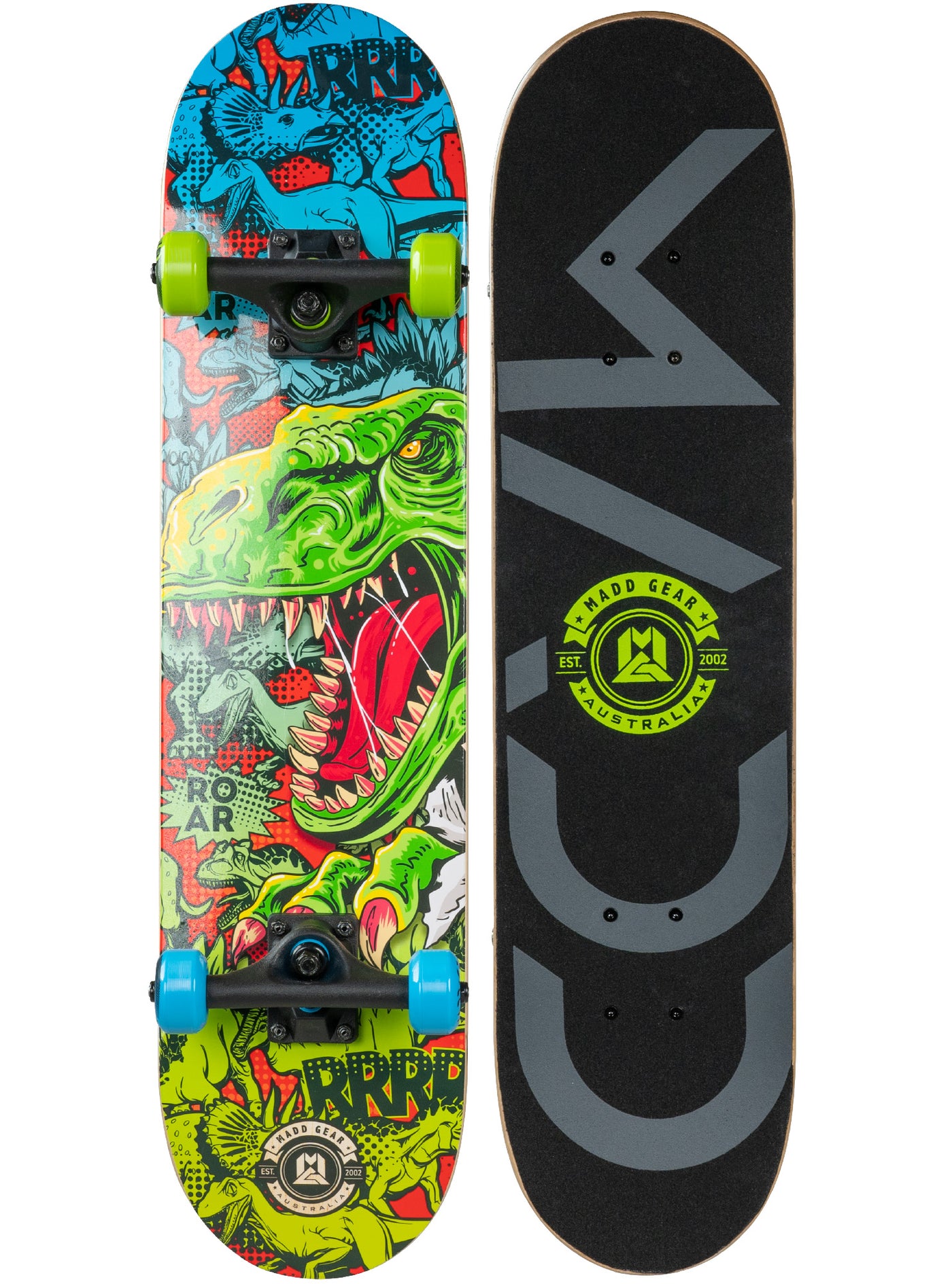 Madd Gear 31" Board Skateboard Popsicle Complete High Quality Maple Ply Kids Childrens Trick Skate Park Cool Graphics Green Blue Dinosaur
