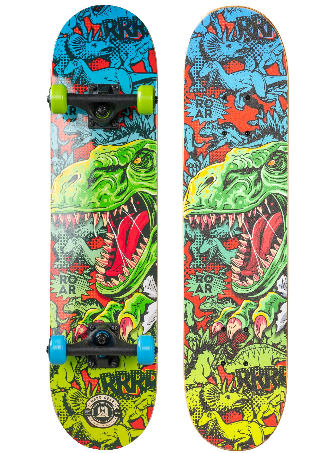 Madd Gear 31" Board Skateboard Popsicle Complete High Quality Maple Ply Kids Childrens Trick Skate Park Cool Graphics Green Blue Dinosaur