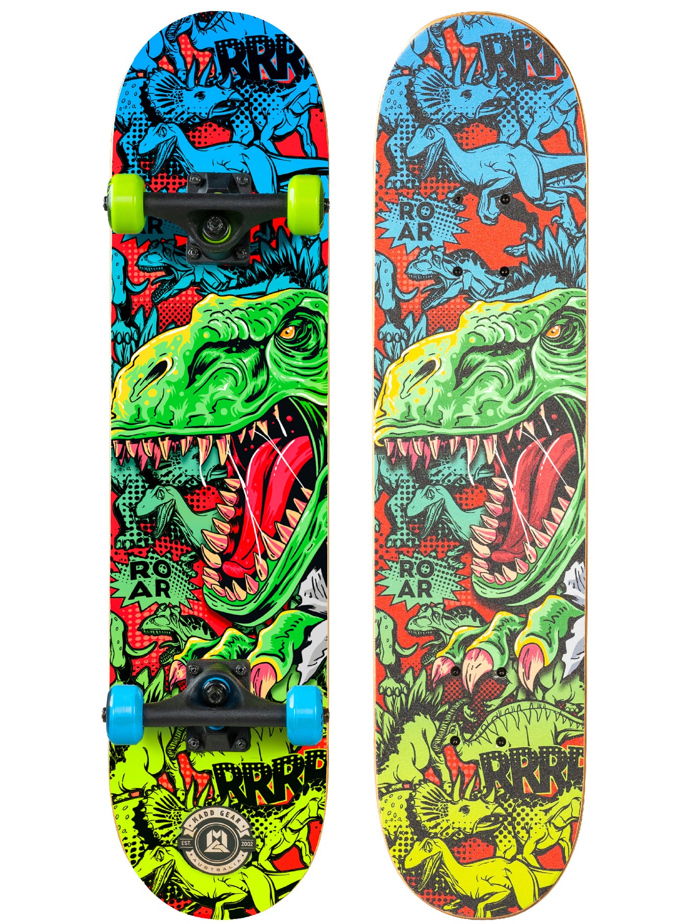 Madd Gear 31" Board Skateboard Popsicle Complete High Quality Maple Ply Kids Childrens Trick Skate Park Cool Graphics Green Blue Dinosaur