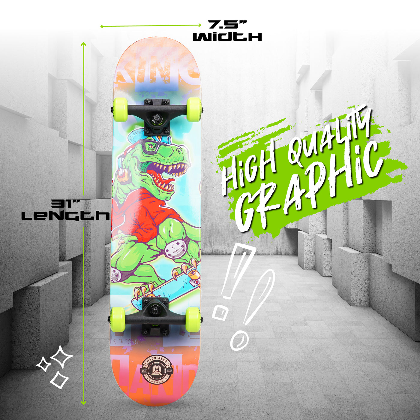 Madd Gear Skateboard Beginner Boys Girls Complete Skate Park Maple Deck High Quality Graphic Dinosaur