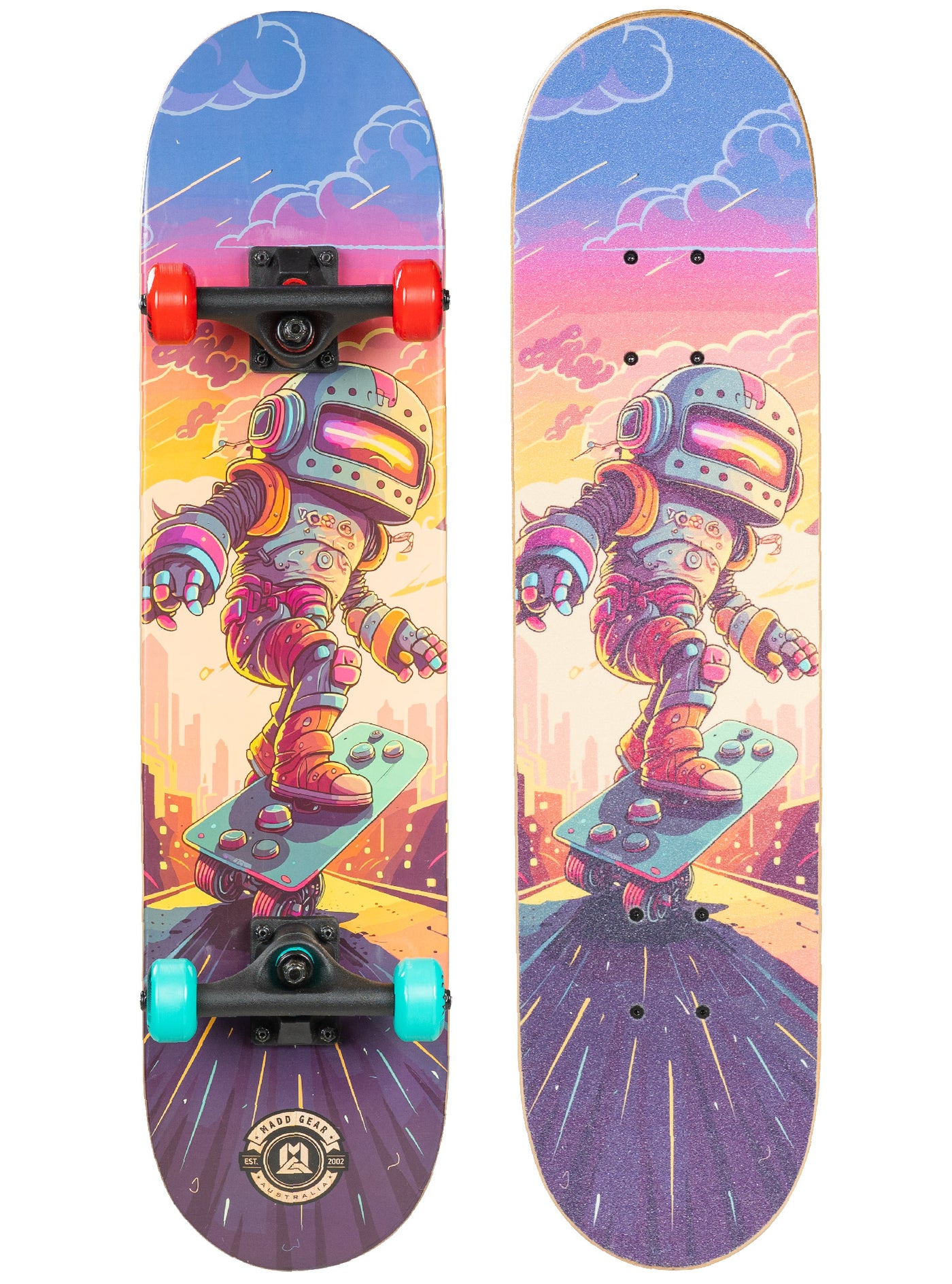 Madd Gear 31" Board Skateboard Popsicle Complete High Quality Maple Ply Kids Childrens Trick Skate Park Cool Graphics Pink Teal Robot