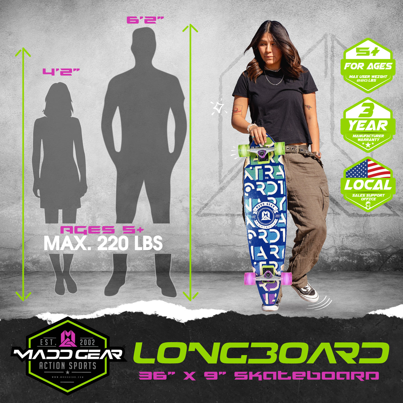 Madd Gear 36" Longboard Complete Skateboard Maple Adults High Quality Aluminum Trucks Blue Large Green Pink Wheels
