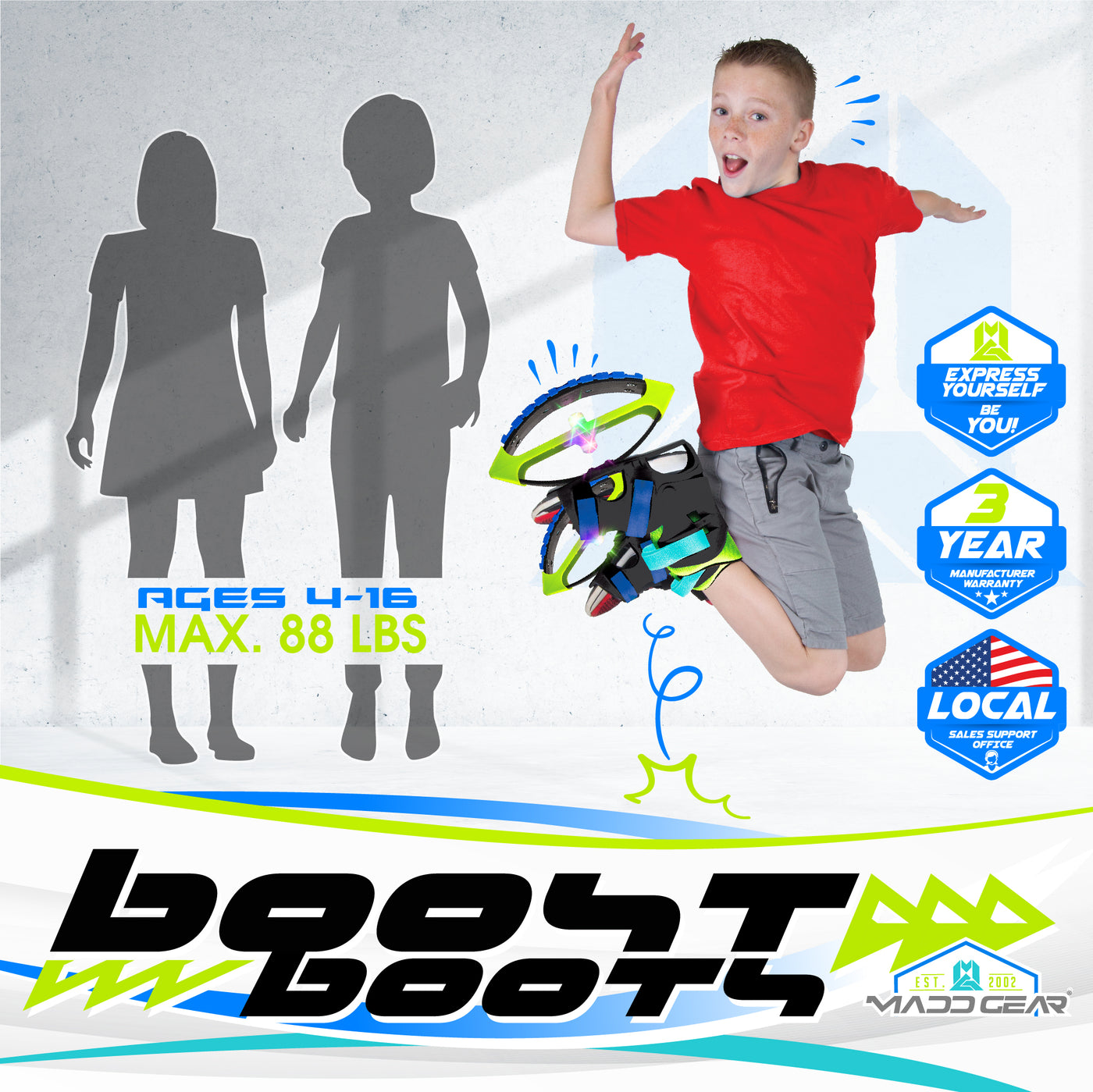 Madd Gear Boosters Boost Boots Kids Jumping Shoes Kangaroo Bouncing Kangoo Light-Up Lights LED Blue Lime