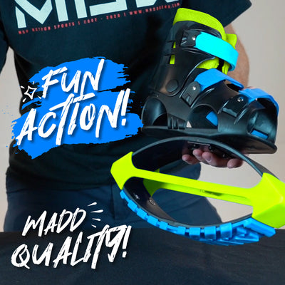 Madd Gear Boosters Boost Boots Kangaroo Bouncing Kanga Jumping Shoes Blue Lime Kids Boys Girls Fun