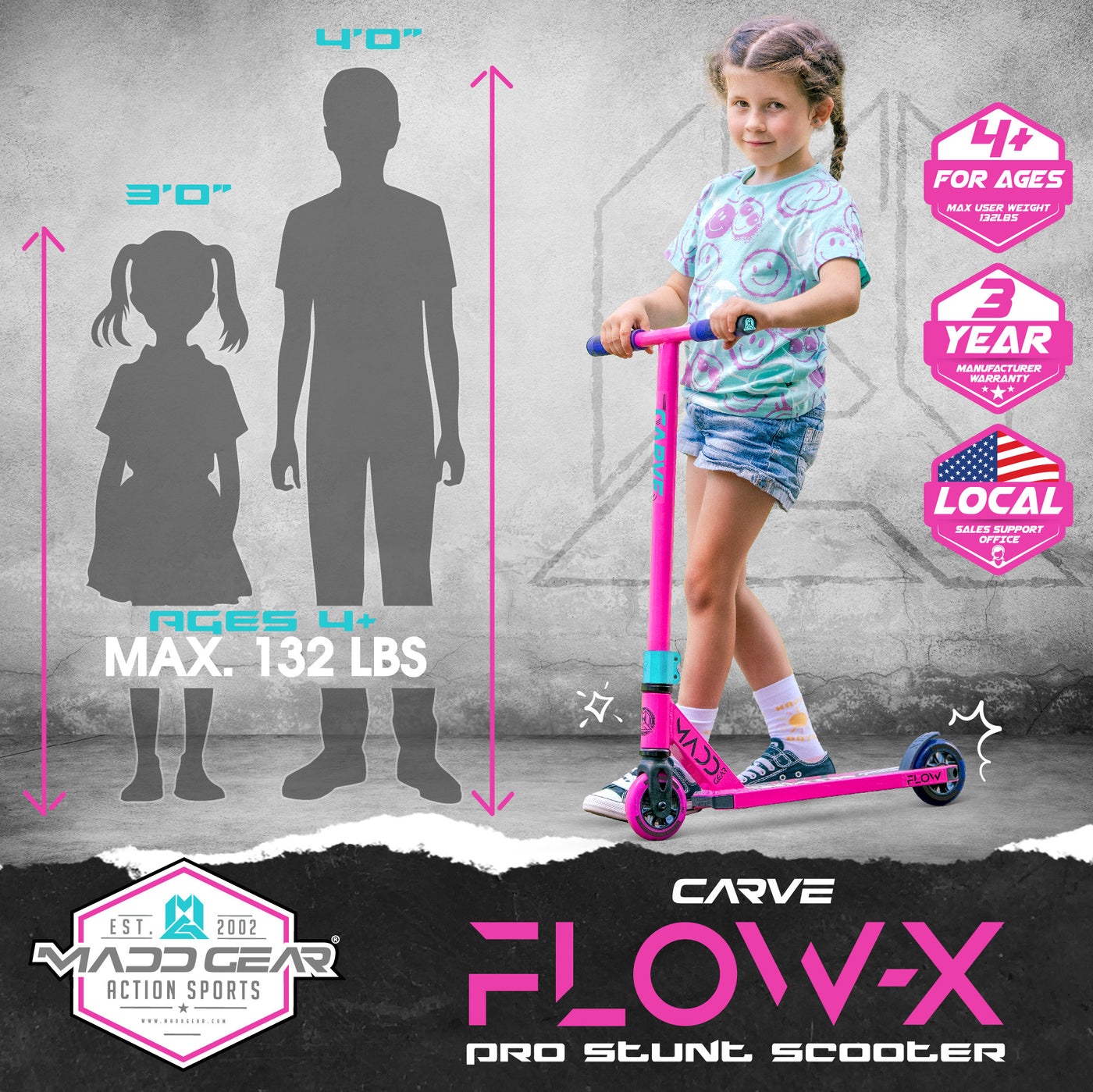 Madd Gear Madgear Pro Stunt Carve Flow-X Scooter Kids Girls Pink Teal