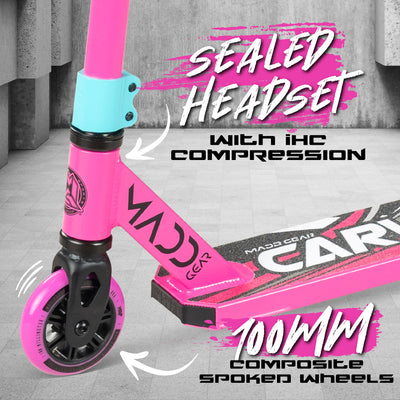 Madd Gear Carve Flow-X Pro Scooter 100mm Composite Wheels Sealed Headset IHC Compression Pink Teal