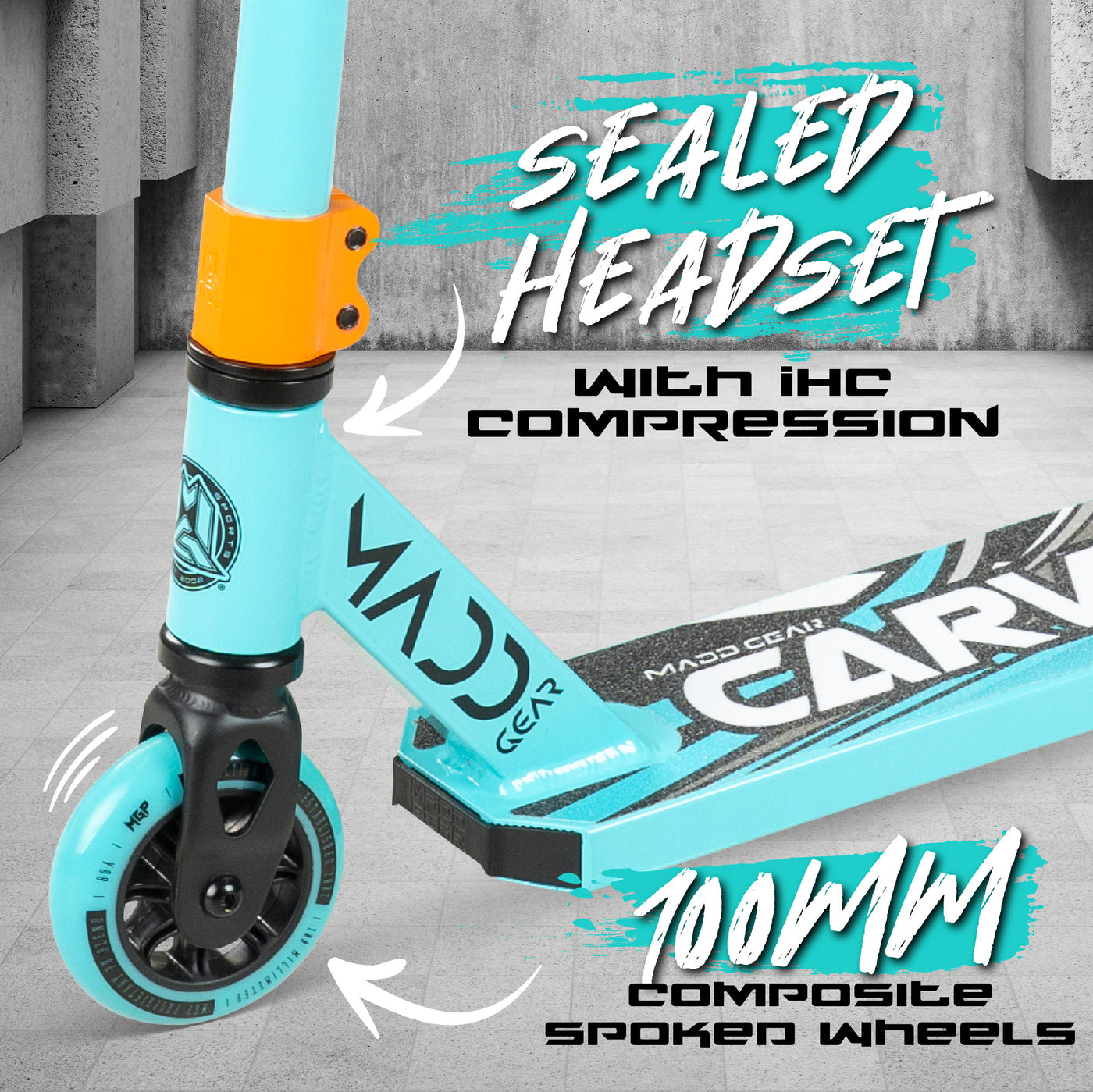 Madd Gear Carve Flow-X Pro Scooter 100mm Composite Wheels Sealed Headset IHC Compression Teal Orange