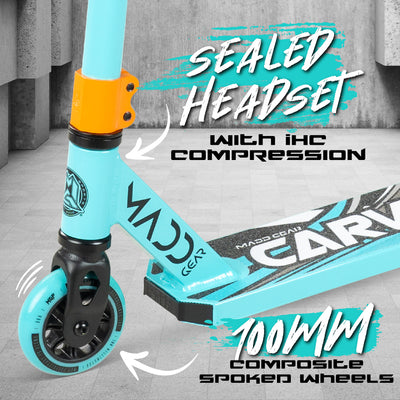 Madd Gear Carve Flow-X Pro Scooter 100mm Composite Wheels Sealed Headset IHC Compression Teal Orange