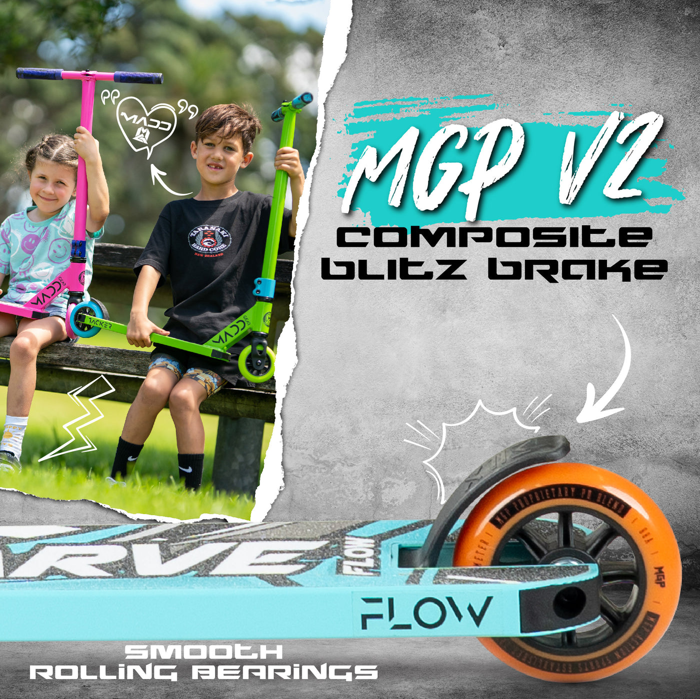 MGP Madd Gear Teal Orange Carve Flow-X Pro Stunt Scooter Composite Blitz Brake Smooth Bearings