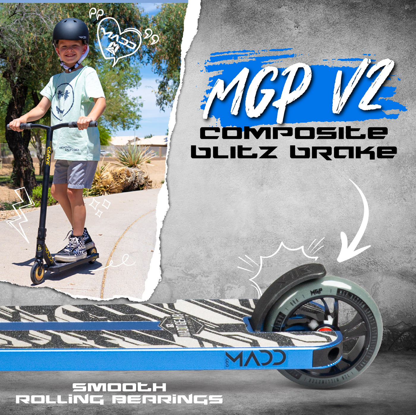 Madgear Mad Carve Kick Kaos Stunt pro Scooter Kids Youth Black Blue Composite Blitz Break