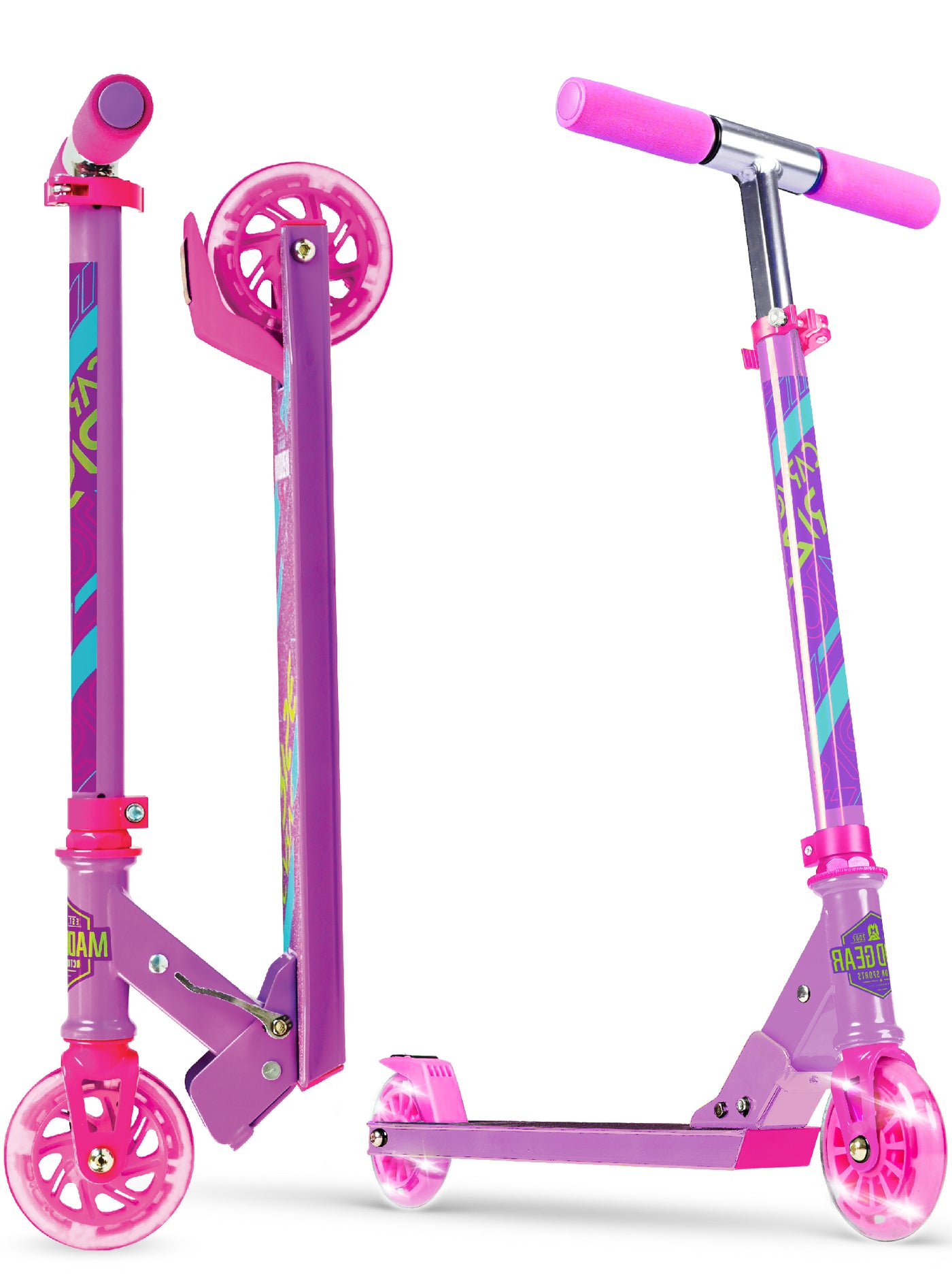Madd Gear Kids Razor Kick Lightup Folding Scooter Pink Boys Girls Children Adjustable Handlebar Light-up LED