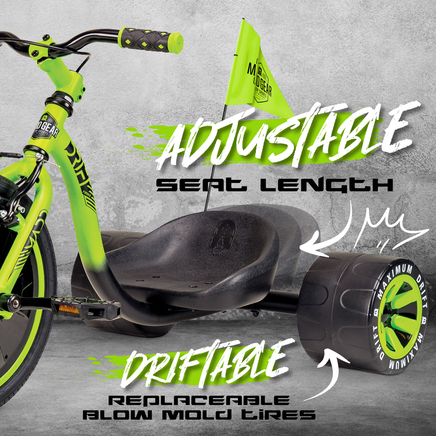 Madd Gear Drift Trike Huffy Green Machine Drifter Tricycle Adjustable Seat Green MGP Kids Boys Girls