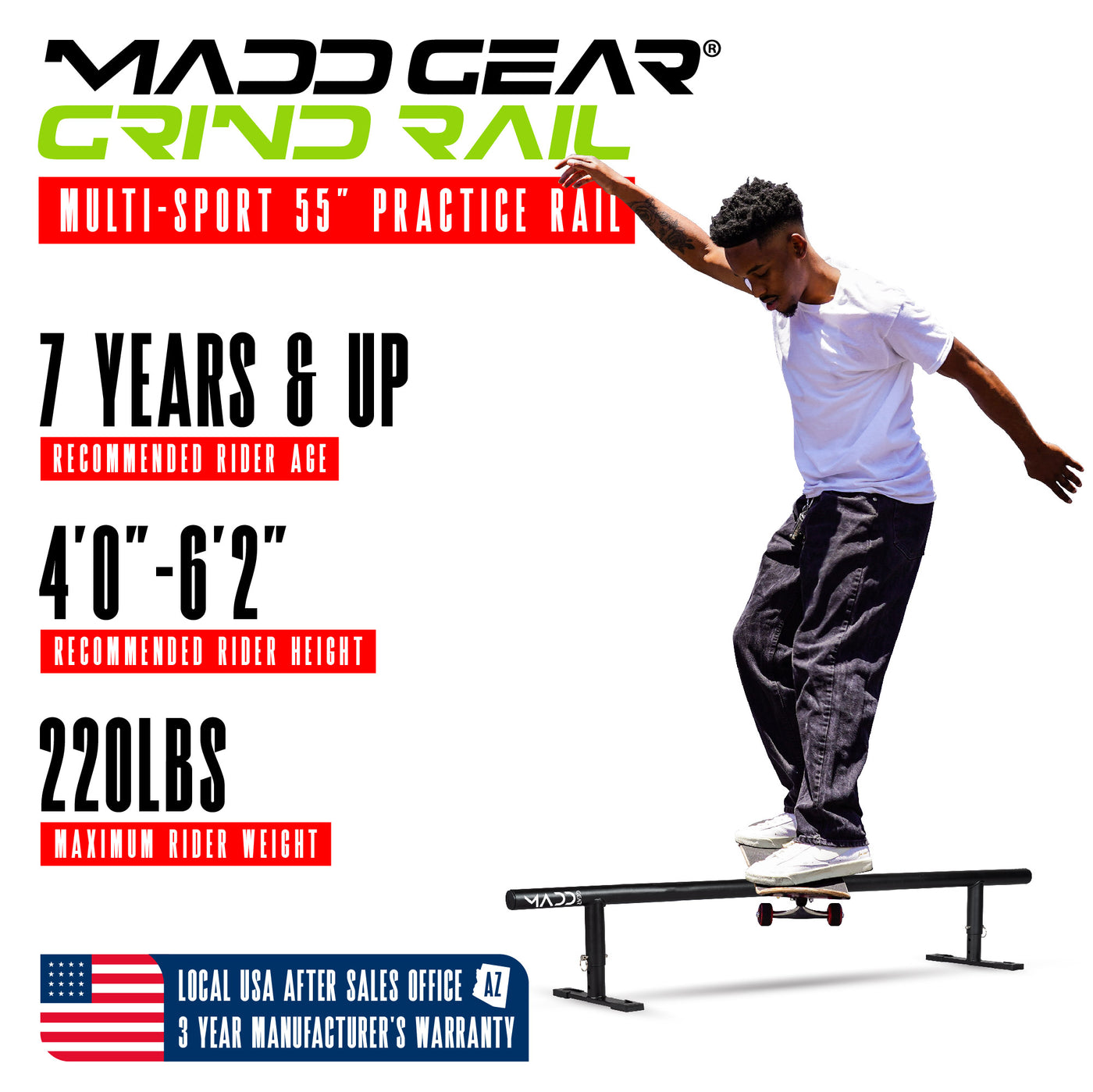 madd gear portable skate rail adjustable solid steel strong light smooth grinding skateboard 55 inch long