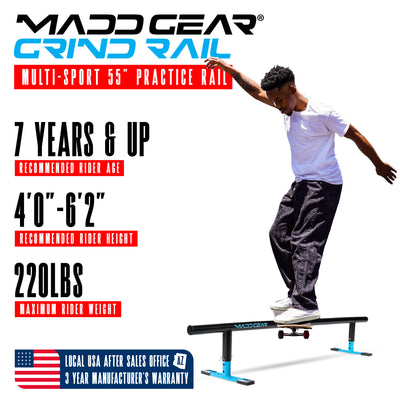 madd gear black blue portable skate rail adjustable solid steel strong light smooth grinding skateboard 55 inch long