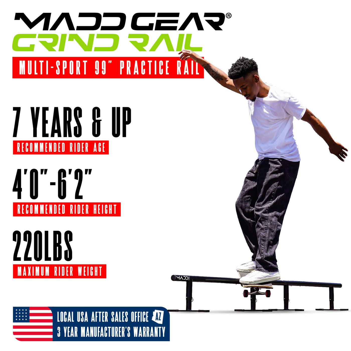 madd gear portable skate rail adjustable solid steel strong light smooth grinding skateboard black 99 inch long