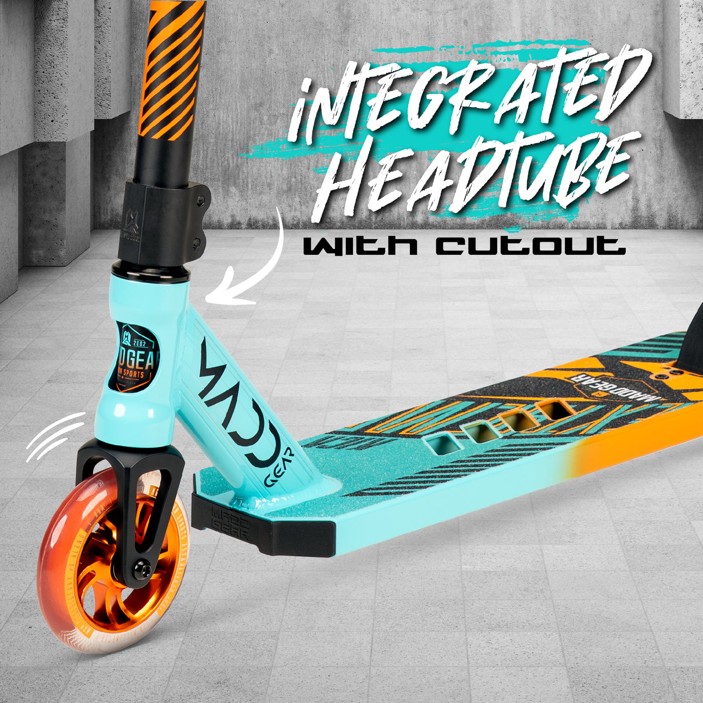 Madd Gear MGP Kick Extreme Stunt Scooter Complete High Quality Razor Pro Trick Skate Park Mad Teal Orange 5" Deck Integrated Headtube with Cutout