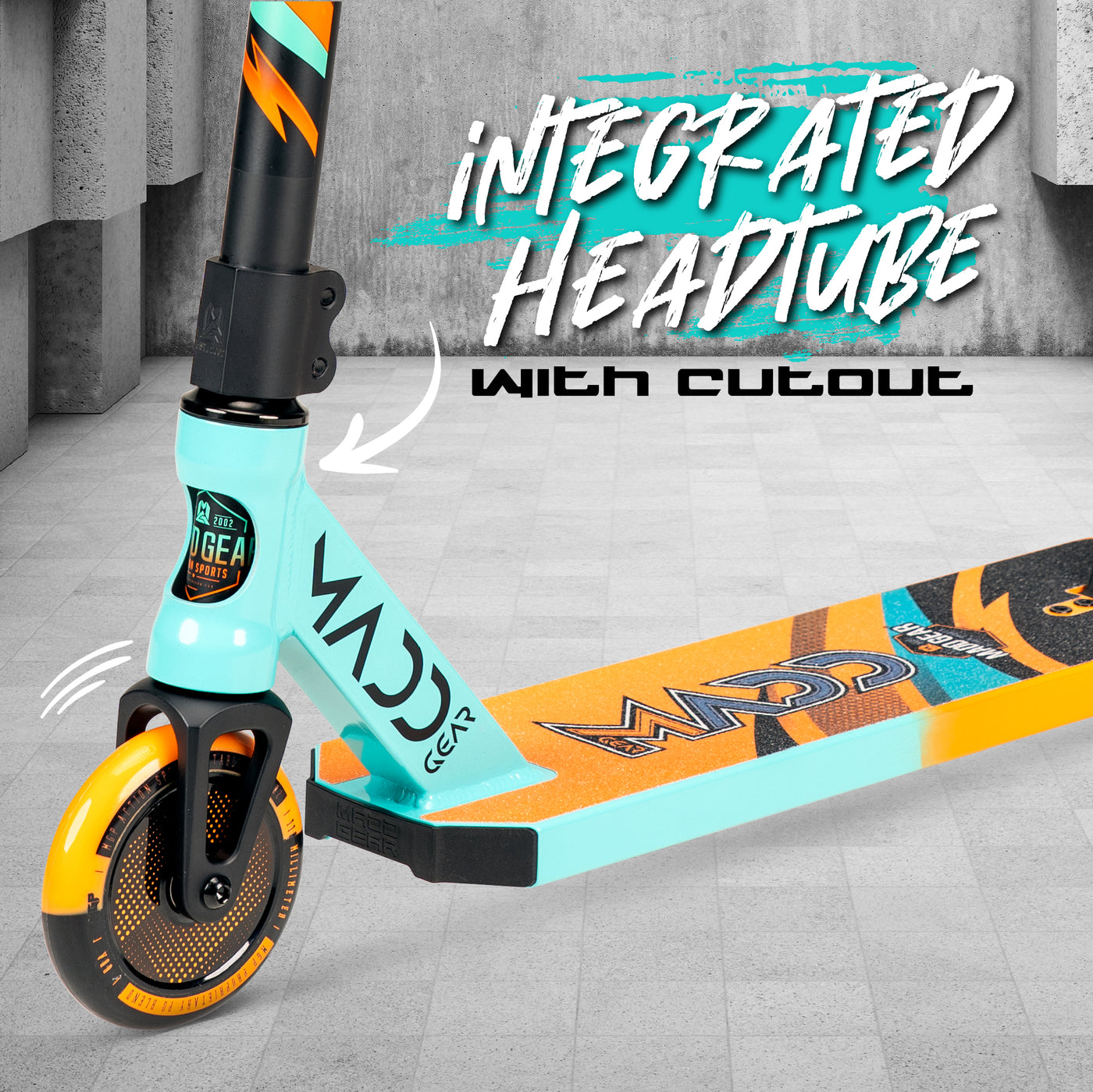 Madd Gear MGP Kick Pro Stunt Scooter Complete High Quality Razor Pro Trick Skate Park Mad Teal Orange 5" Deck Integrated Headtube with Cutout