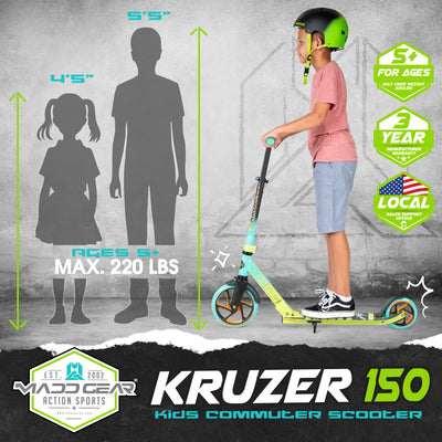 Madd Gear Razor Kruzer 150 Folding Adjustable Commuter Scooter Kids Teal Green 150mm A5 Lux Aluminum