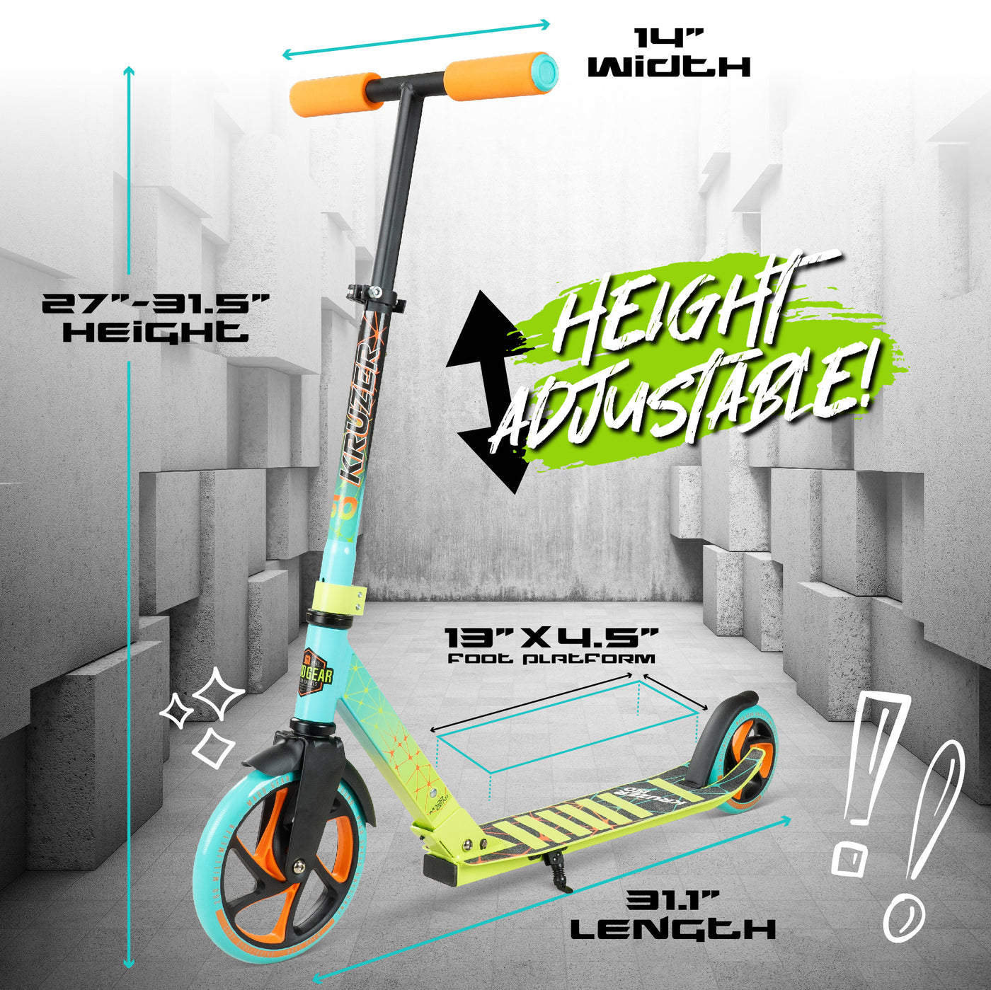 Madd Gear Kruzer Teal Green Orange 150mm Wheel Scooter. Ultra smooth rolling and compact folding action. Adjustable height for riders of all heights.