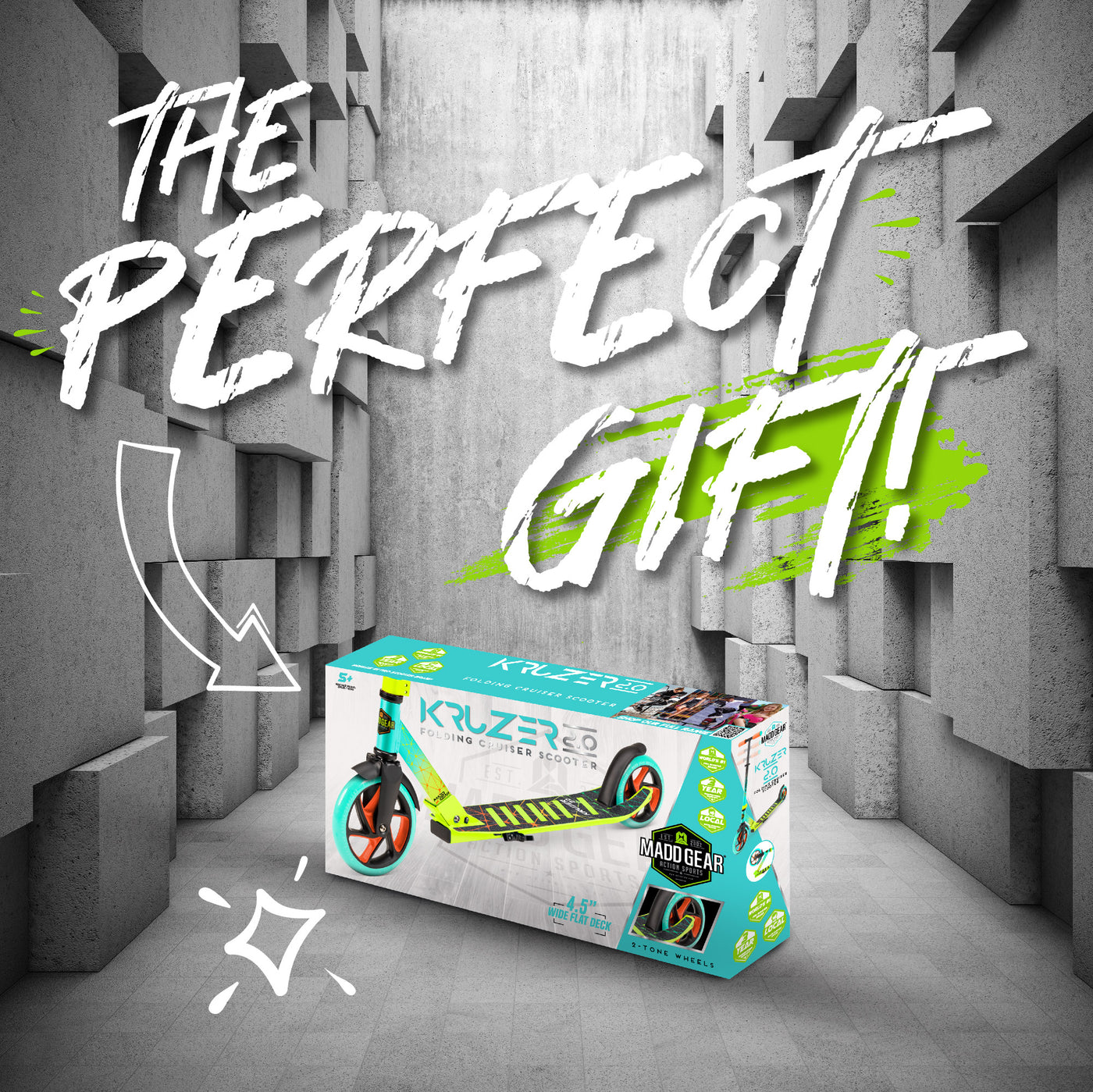 Madd Gear Kruzer commuter scooter color box packaging is perfect for a gift.