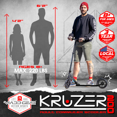 Madd Gear Razor Kruzer 200 Folding Adjustable Commuter Scooter Teens Adults Black 200mm A5 Lux Aluminum