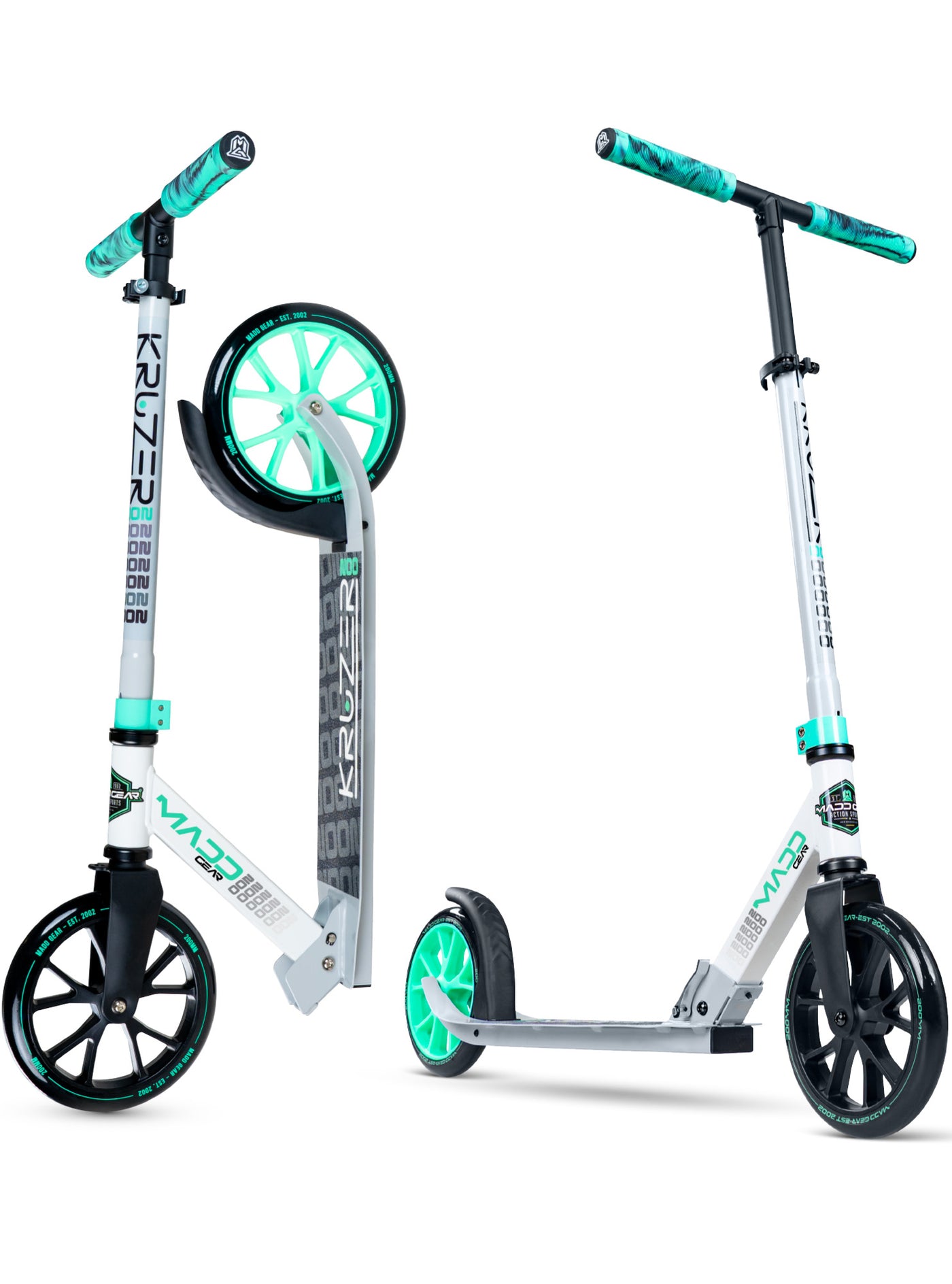 MG Kruzer 200 Folding Commuter Scooter in White Gray Teal – Stylish design, perfect for urban commuting and leisure rides