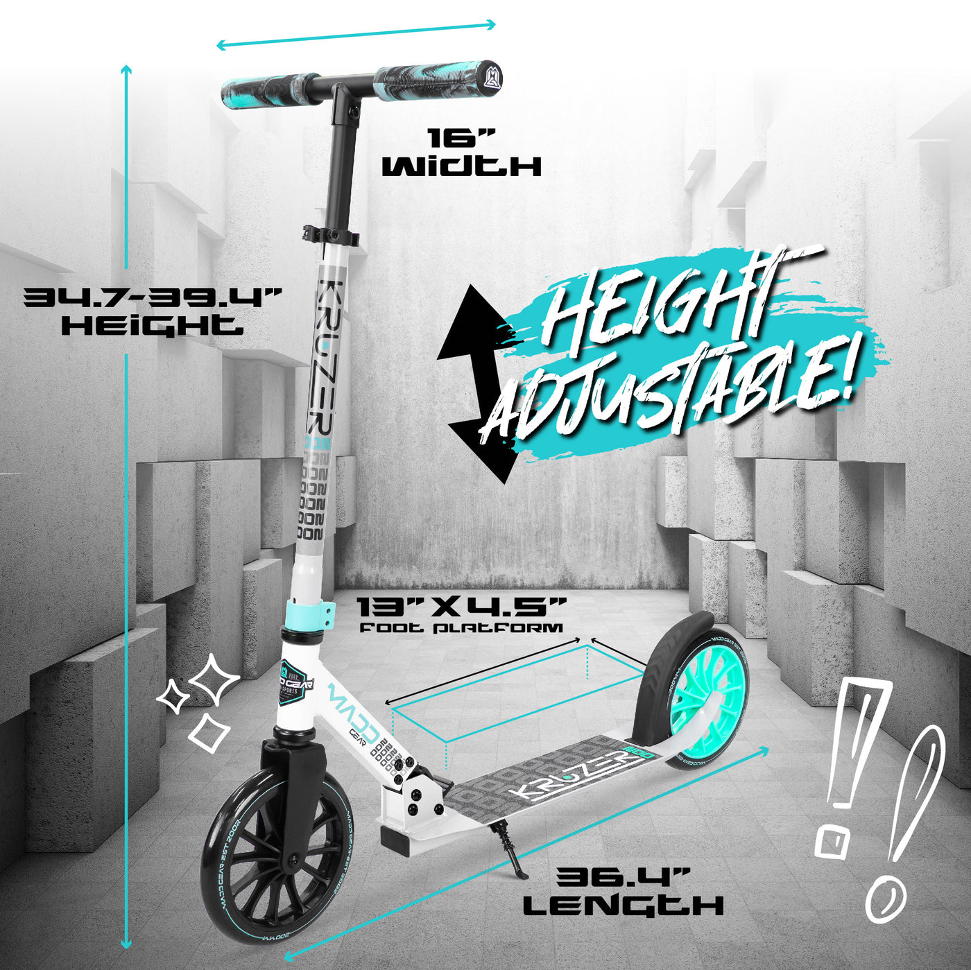 Madd Gear Kruzer White Gray Teal 200mm Wheel Scooter. Ultra smooth rolling and compact folding action. Adjustable height for riders of all heights.