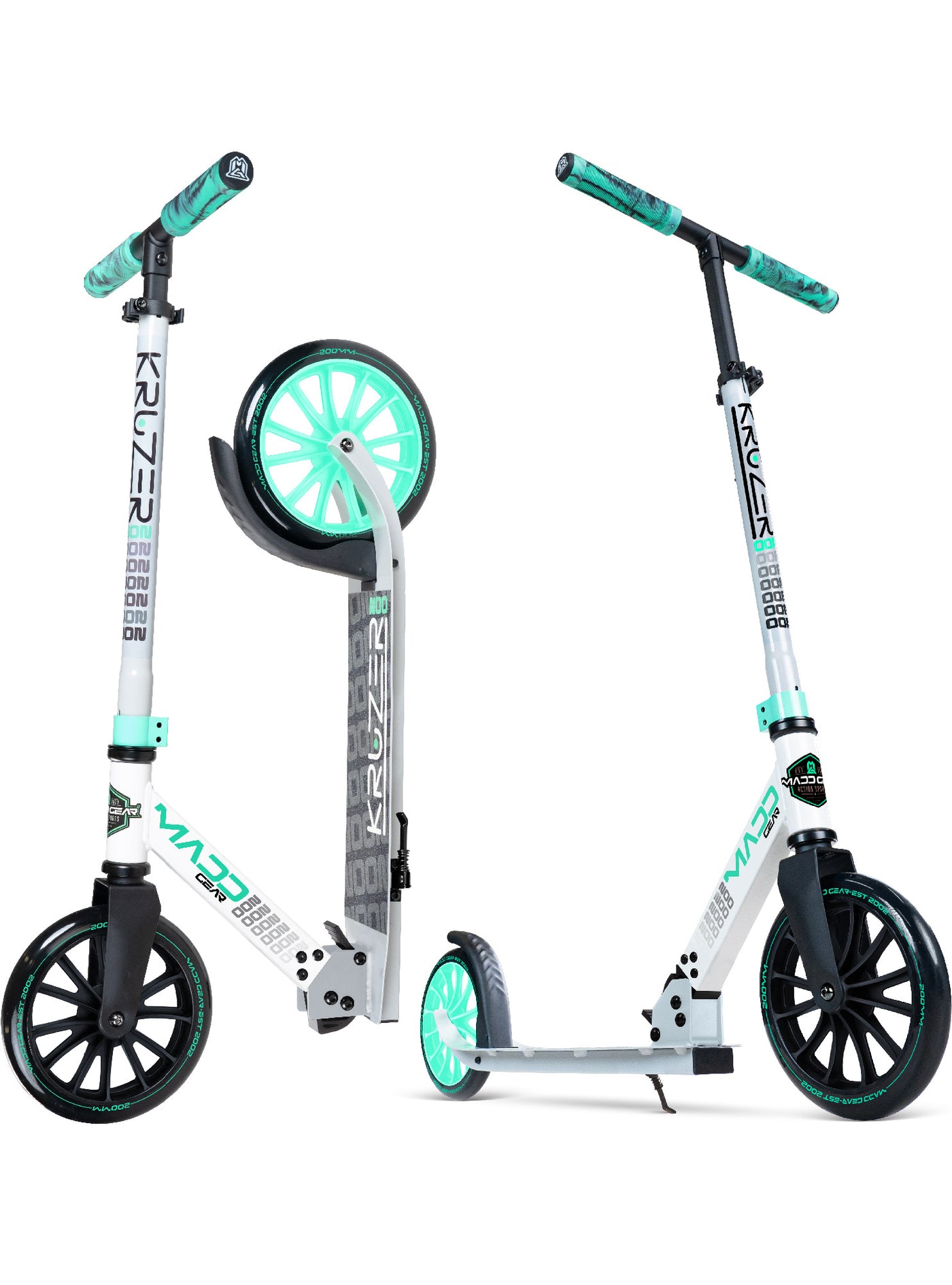 MG Kruzer 200 Folding Commuter Scooter in White Gray Teal – Stylish design, perfect for urban commuting and leisure rides