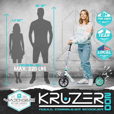 Madd Gear Razor Kruzer 200 Folding Adjustable Commuter Scooter Teens Adults Teal 200mm A5 Lux Aluminum