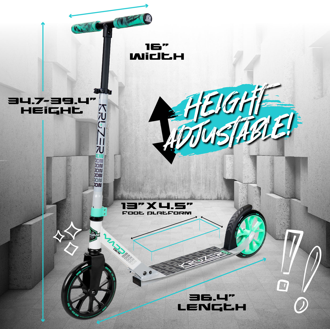 Madd Gear Kruzer White Gray Teal 200mm Wheel Scooter. Ultra smooth rolling and compact folding action. Adjustable height for riders of all heights.