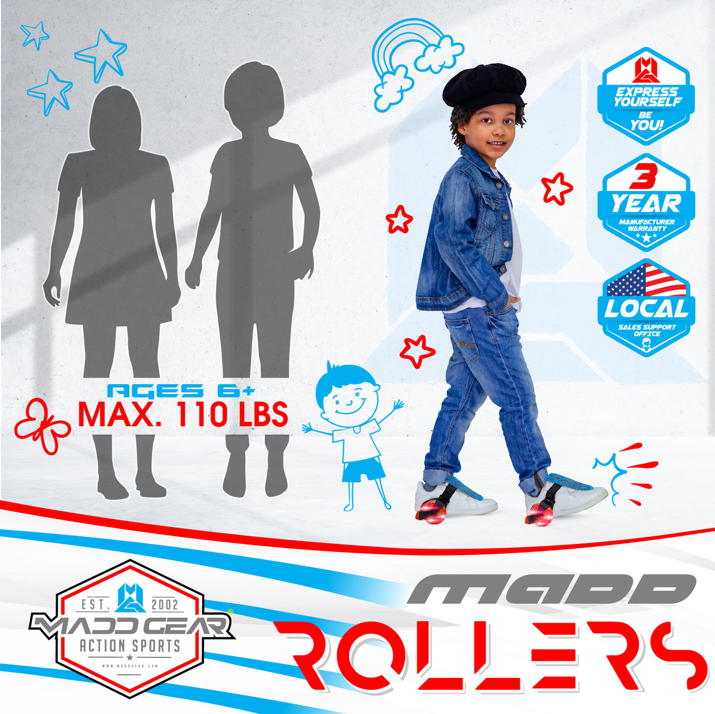 Madd Gear Blue Red Lightup Rollers Heelies Heely Kids Boys Girls Strap-on Heel Skates