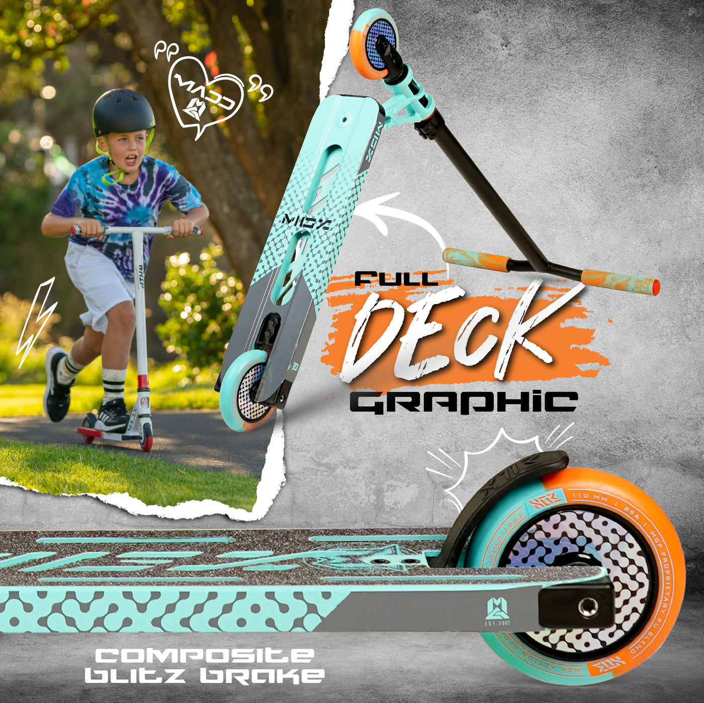 MGX S2 Shredder Teal Orange Stunt Scooter Lightest Best Madd Gear MGP Smooth Rolling Bearings Brake